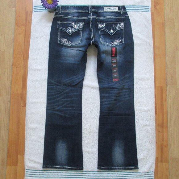 New ROCK & ROLL Cowgirl Jeans Size 33 Low Rise Dark Blue Bootcut Denim - Picture 8 of 12